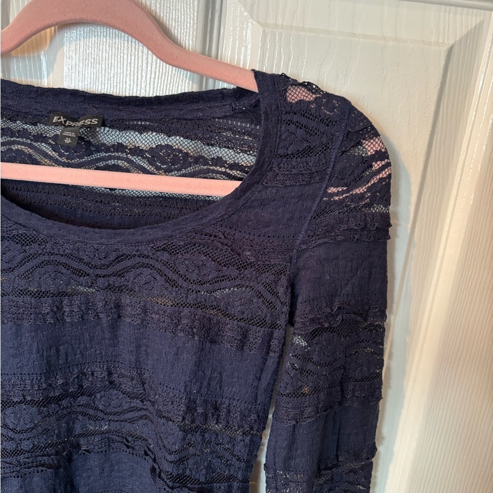 Express Navy Lace Sheer Long Sleeve Top